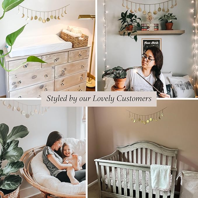 BASE ROOTS Moon Phase, Gold Wall Decor for Bedroom & Living Room, Bohemian Wall Decor, Handmade Hammered Metal 36" 13 Phases Moon, Celestial Wall Art, Gift for Women & Kids