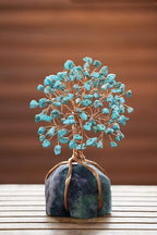 Crocon Howlite Green Turquoise Gemstone Money Tree with Fluorite Rough Wire Wrapped Base | Feng Shui Bonsai | Ornament Figurine | Chakra Balancing | Reiki Crystal Healing | Spiritual | Decor Size 5-6"