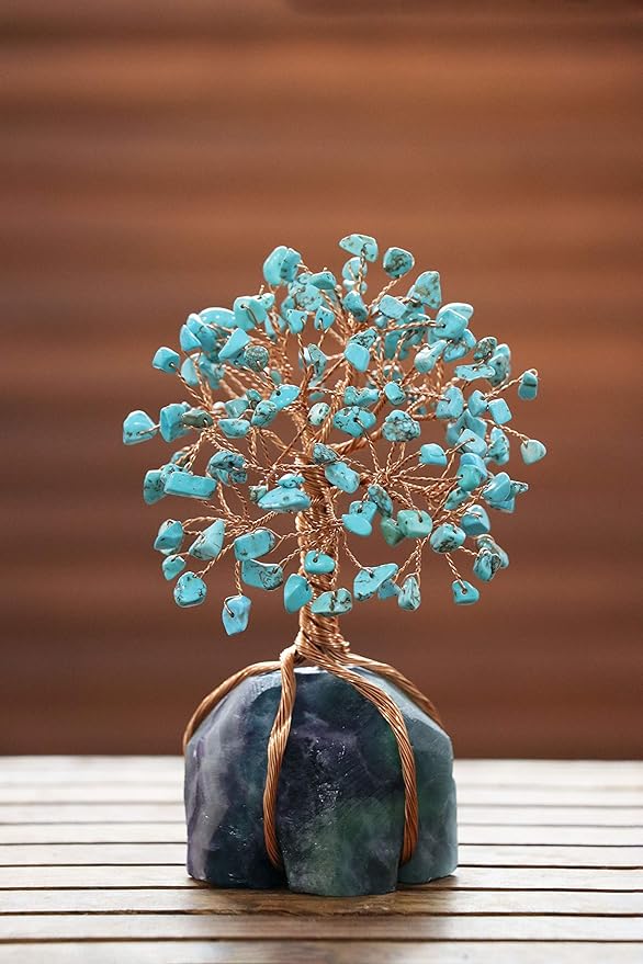 Crocon Howlite Green Turquoise Gemstone Money Tree with Fluorite Rough Wire Wrapped Base | Feng Shui Bonsai | Ornament Figurine | Chakra Balancing | Reiki Crystal Healing | Spiritual | Decor Size 5-6"