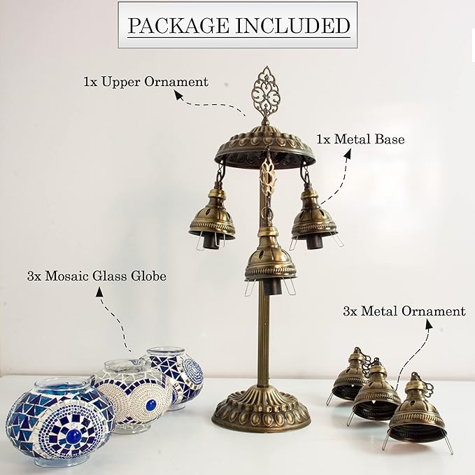 Mozaist Turkish Mosaic Lamp with Bulb – 3 Light Moroccan Table Lamp (Blue & White)