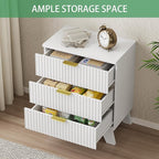 Fluted Nightstand, 24" Wide Side Table with 3 Large Storage Drawers, Mid Century Modern Wood Night Stand with Metal Handle, Wooden Bedside End Table for Bedroom, Living Room, Closet, White