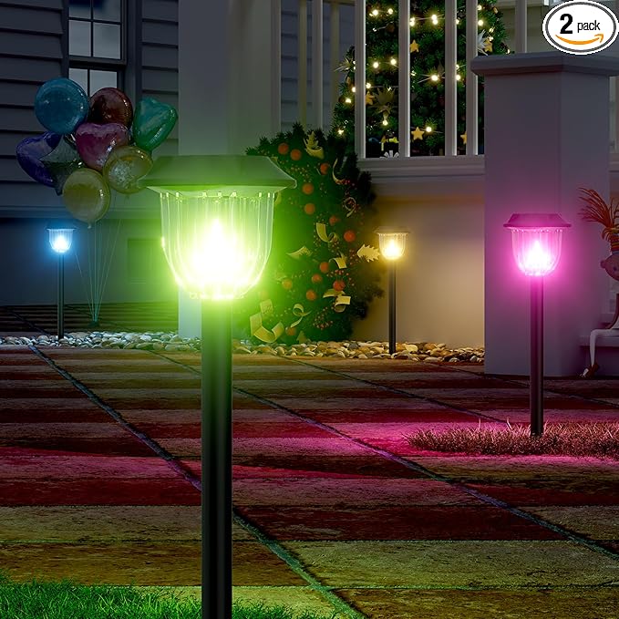 AOSEA 2 Pack Solar Pathway Lights Outdoor Waterproof - Auto RGB Color Changing Solar Lights, IP65, 12H Bright, Durable Plastic - Perfect for Garden & Walkway