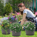 Quarut 10 inch Plastic Flower Pots for Outdoor Plants，4 Pack Large Outdoor Planter Pot with Drainage Holes & Saucers，Imitation Wine Barrel Design，for Indoor Outdoor Garden Plants（Brown）