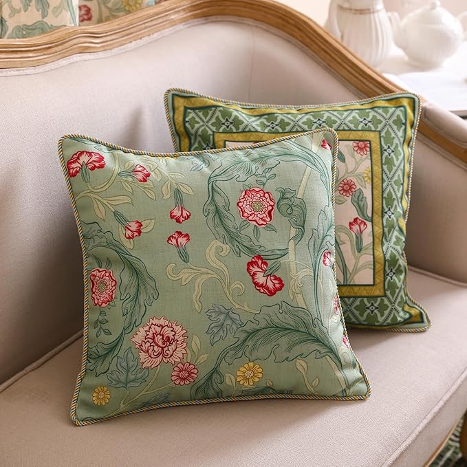 patdrea Designer Pack of 4 Throw Pillow Covers,French Vintage Rustic Linen with Green Floral Pattern Pillows Cover,Decorative Lumbar Square Pillowcases Cushion for Bed Living Room Outdoor Car