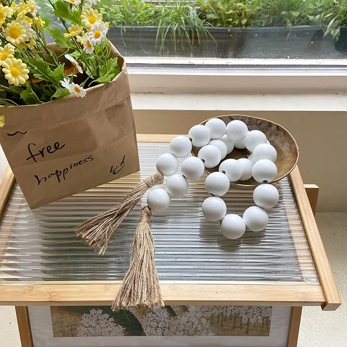 OMISHE 50" Long Extra Large Wood Bead Garland with 1.6" Diameter Wooden Beads and Tassels, Rustic Farmhouse Country Decorative Beads for Home Tiered Tray Decor, White