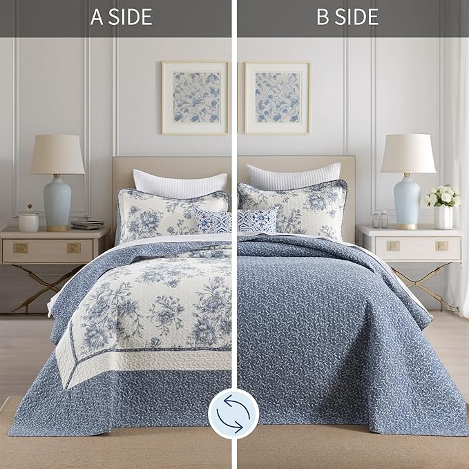 DDUOXIN Botanical Oversized Queen Bedspread - 102" W x120 L Extra Wide 100% Cotton California Quilt, Lightweight Reversible Oversize Bedspreads with 2 Pillow Shams, Blue/Cream