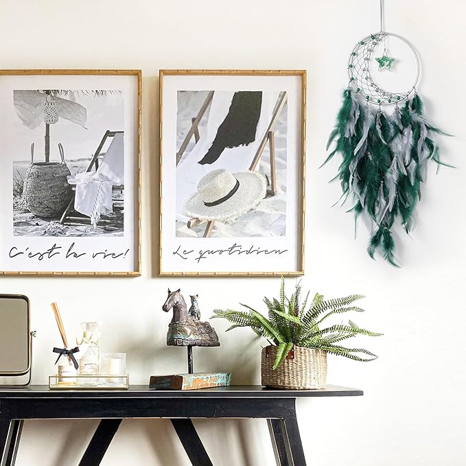 Dreamlike Moon Dream Catchers Wall Decor Crescent Dream Catcher with Crystal Stone Star Shaped Tree of Life Pendant Handmade Green Feather Dreamcatchers Wall Hanging for Girls Bedroom Wedding Gift