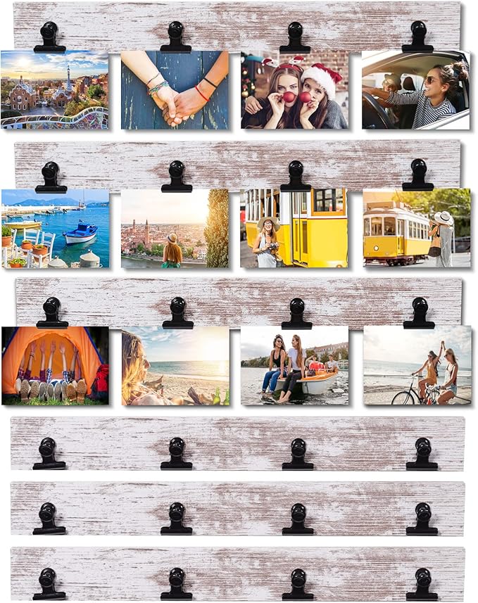 Picture Frame With 24 Clips,Large Size Collage Photo Frames, Hanging Wall Decor Frame, Organize and Display Photos, Artwork. No Assembly Required, Distressed White