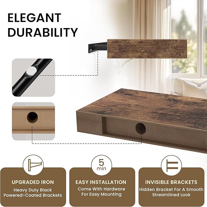 Floating Shelves for Wall, 40"W x 8"D x 1.5"H, Wooden Wall Mounted Display Shelves with Invisible Brackets for Living Room, Bedroom, Bathroom, Kitchen Decor and Storage, Set of 2, Rustic Brown