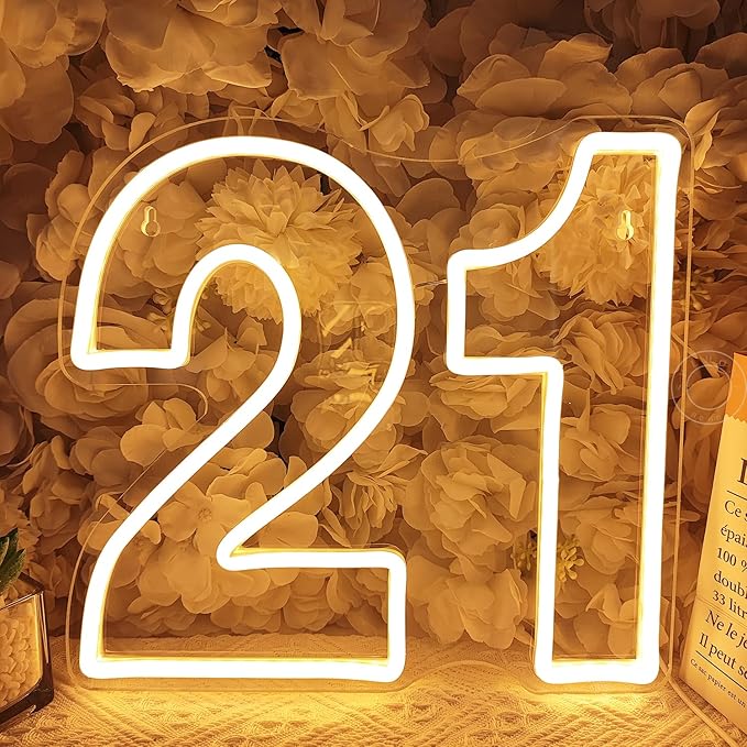 SYLHOME 21 Twenty one Led Neon Light Sign 21th Happy Birthday Party Anniversary Wall Decor Sign Number Table Sign Home Bar Pub Club Wedding Decor USB 12"X11"