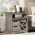 Farmhouse End Table Set of 2, Sofa Side Table with Charging Station, Bedside Table with 2 Drawers and Barn Door, Rustic Wooden Nightstand for Bedroom, Living Room, Greige