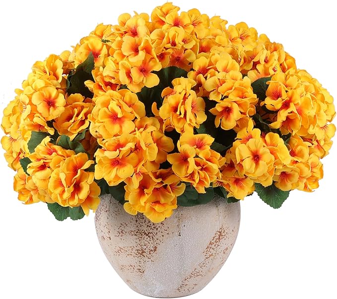 Hananona Artificial Geranium Flowers for Outdoors Geranium Silk Flowers Outdoor UV Resistant Garden Plants Faux Flowers for Home Kitchen Table Centerpieces Decor (12, Yellow)
