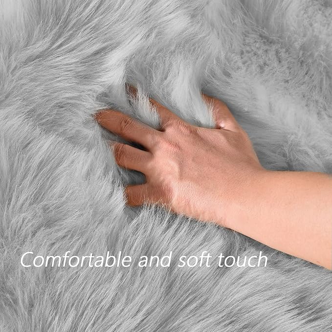 Latepis 2x8 Runner Non-Slip Grey Fluffy Rugs for Bedroom Washable Faux Sheep Skin Rug for Living Room Home Decor Rectangle