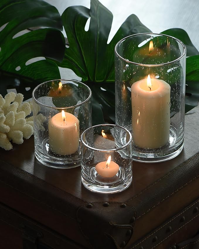 ARIAMOTION Hurricane Glass Candle Holders Set, Pillar Votive,Clear Seeded Bubbles Cylinder Vase,Modern Rustic Table Centerpieces Bulk, 3 Sizes 8 Inch 5 Inch 3.5 Inch Height