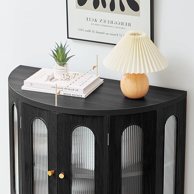 31'' Sideboard Buffer Cabinet with Storage, Semi-Circle Modern Accent Storage Cabinet with Wooden Finish & Acrylic Doors, Console Table for Living Room Entryway Hallway (Black)