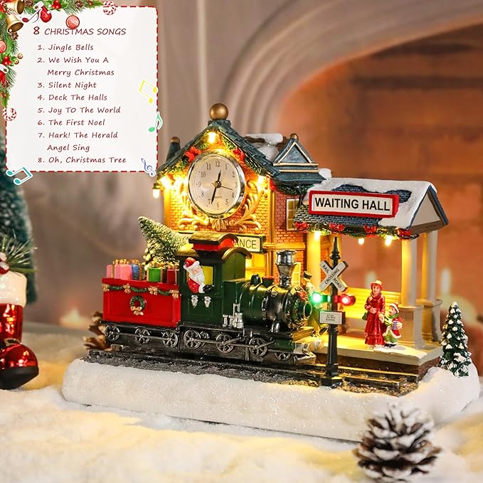 Bdor Christmas Train Station Decoration – Lighted Animated Holiday Village Scene with Train, Clock Tower & Waiting Hall – Plug-in Resin Christmas Tabletop Ornament – 9.8"x5.5"x7.9"