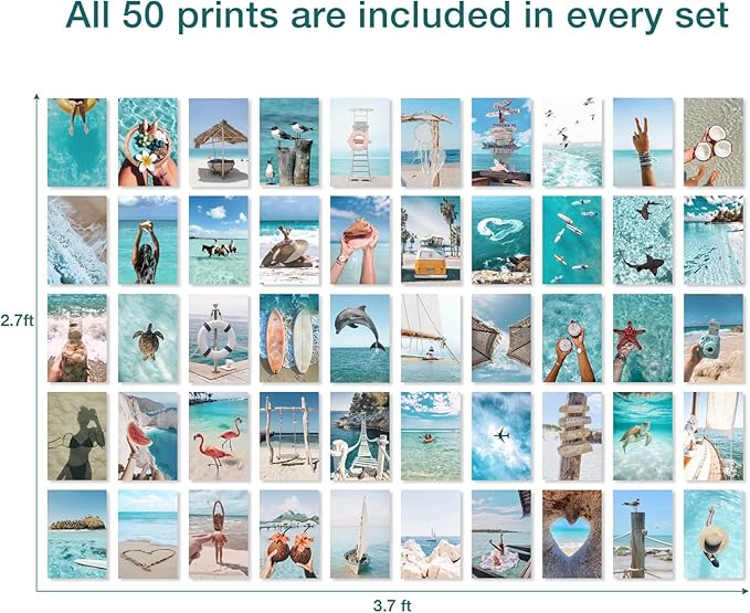 Y2K BOO Summer Beach Aesthetic Wall Collage Kit – 50 Ocean Blue & Sky Blue Photos, 4"x6" Prints for Teen Girls Dorm Room Decor, Beach Activities & Ocean Moments, Ideal Gift for Birthday & Graduation