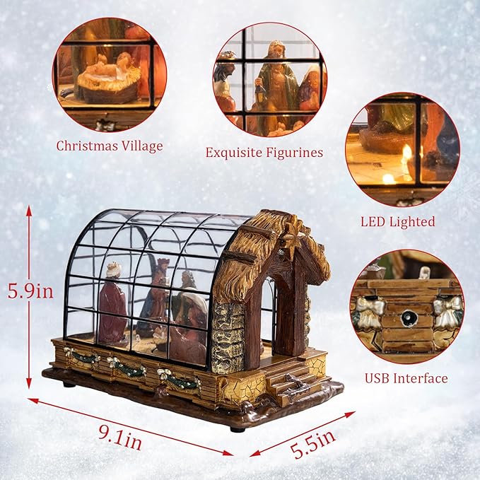 VCUTEKA Christmas Village Collectible Building, Animated Christmas Village Greenhouse Musical Village Perfect Addition to Your Xmas Indoor Decorations or Holiday Displays, Brown