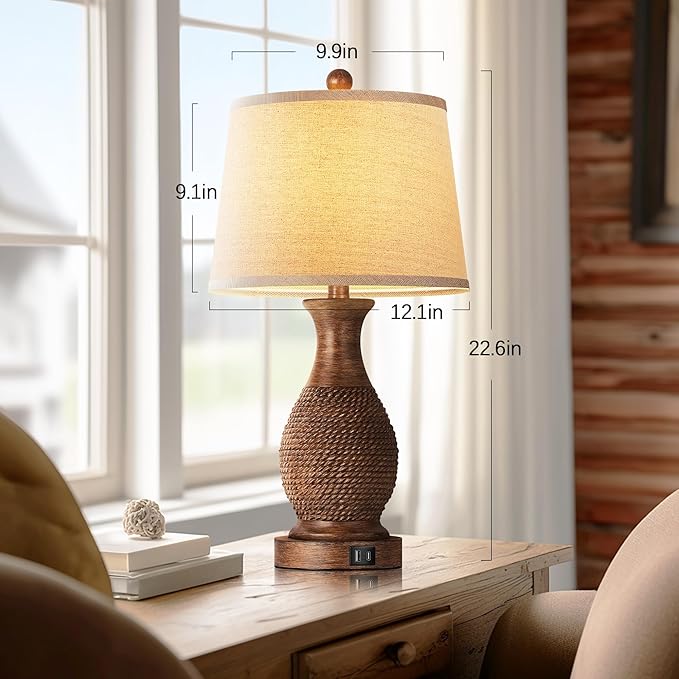 PARTPHONER Table Lamps Set of 2, Bedside Touch Lamp with USB C+A Charging Ports, Side Table Lamp with Linen Fabric Shade (LED Bulbs Included), Wood