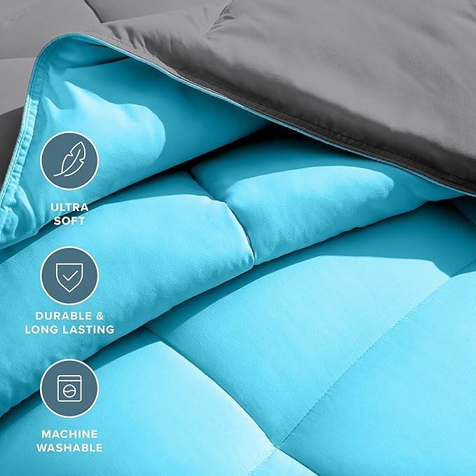 Bare Home Queen Comforter - Reversible Colors - Goose Down Alternative - Ultra-Soft - Premium 1800 Series - All Season Warmth - Bedding Comforter (Queen, Grey/Aqua)