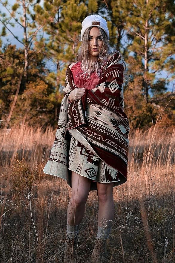 Inca Aztec Throw, Queen, King Blanket | Southwest Indian Navajo Boho Style | Native Cover for Camping, Bedding, Couch, Vanlife | Faux Alpaca, Lightweight, Hypoallergenic (Vinincunca Maroon, King)