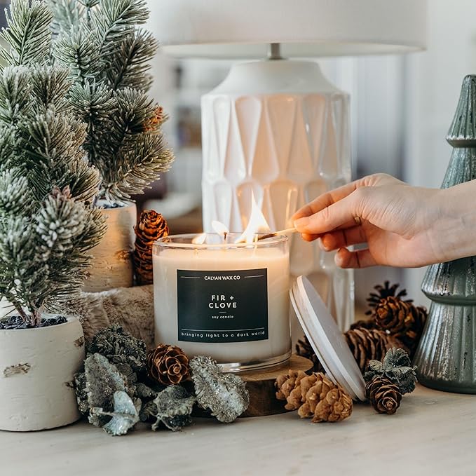 Calyan Wax Co. 3 Wick Candle, Fir + Clove Scented Candle, 43 Hour Burn Time, 3 Wick Soy Candles, Non Toxic & Vegan Soy Wax, Glass Jar Holiday Scented Candles, 14.9oz