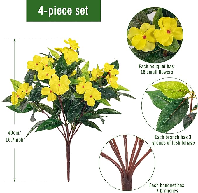 Artificial Impatiens Bouquet Flowers for Outdoors Silk Faux Flowers for Outdoor Impatiens Plants Decor Indoor Planters Kitchen Planters and Balcony Decorations 4PCS (Yellow)