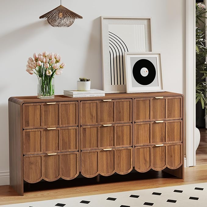 9 Drawer Dresser for Bedroom, Modern Closet Chest of Drawers with Wave Fluted Drawer, Wood Storage Small Dresser Organizer for Nursery Bedroom Living Room Hallway Closet (Walnut)