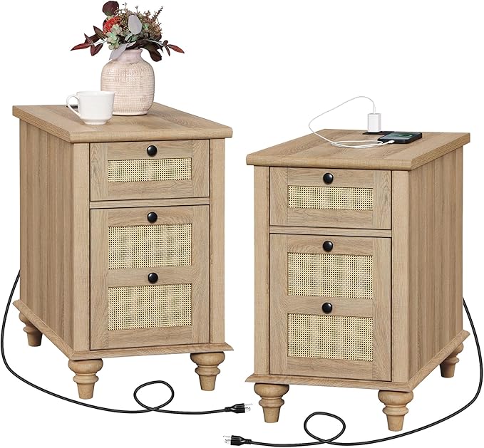 WAMPAT Set of 2 Rattan End Tables with Charging Station, Tall Side Tables Nightstand with Drawer & Storage Cabinet, Light Wood Bedside Table for Bedroom & Living Room, Burlywood