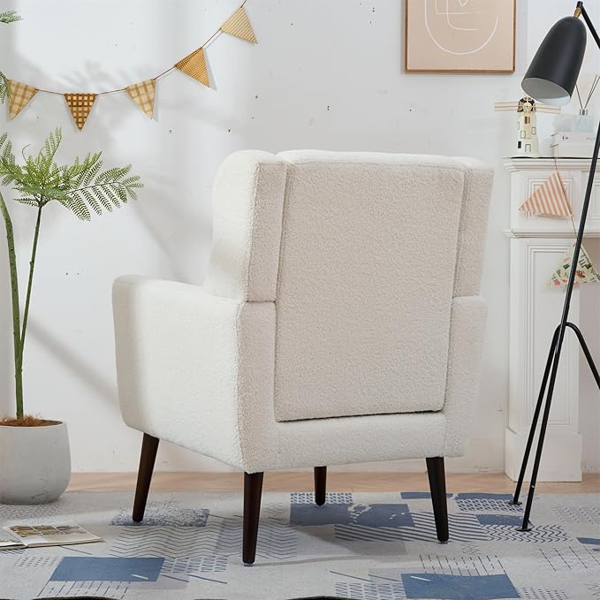 Accent Chair, Comfy Upholstered Living Room Chairs with High Tufted Backrest and Pillow, Wingback Reading Chair with Solid Wood Legs for Bedroom/Office,Teddy Fabric, White