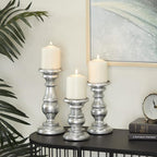 Deco 79 Traditional Mango Wood Pillar Candle Holder, Set of 3 10", 8", 6"H, Silver