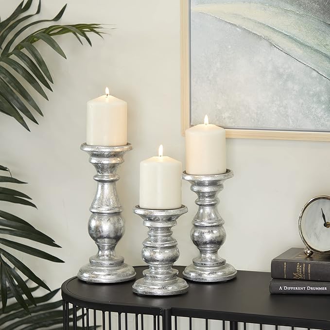 Deco 79 Traditional Mango Wood Pillar Candle Holder, Set of 3 10", 8", 6"H, Silver