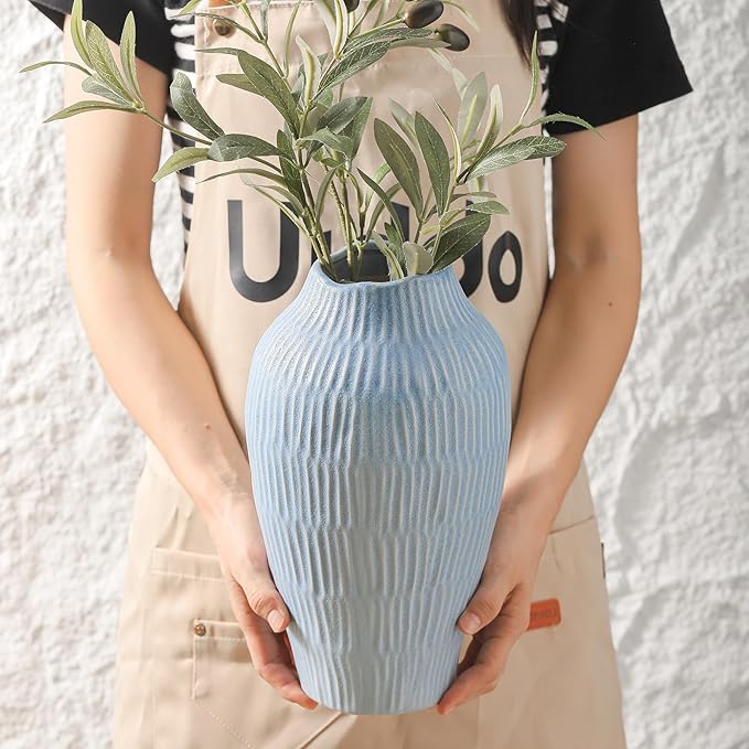 Ceramic Vase for Home Decor,11.6 Inch Flower Vases，Decorative Blue Vase for Pampas Grass，Modern Art Texture Vases for Home Entryway Living Room Dining Table Farmhouse Office Decor-Mat Blue