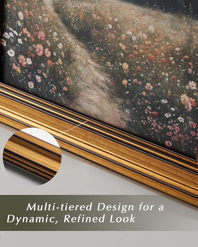 HUARCEY Gold Framed Vintage Wall Art for Living Room, Flowers Painting Prints Shelf Decor for Kitchen, Landscape Bedroom Wall Art, Christmas Gifts for Friends or Family (Flowers Path - 8"x10")