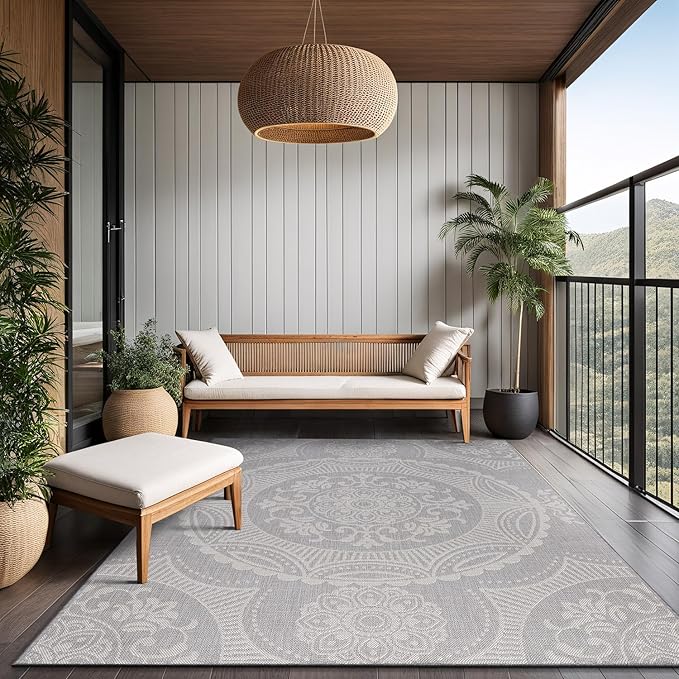 Medallion Outdoor Rug 5x7 Washable Outside Carpet for Indoor Patio Porch Waterproof Easy Cleaning Non Shedding Area Rugs Gray 5 x 7