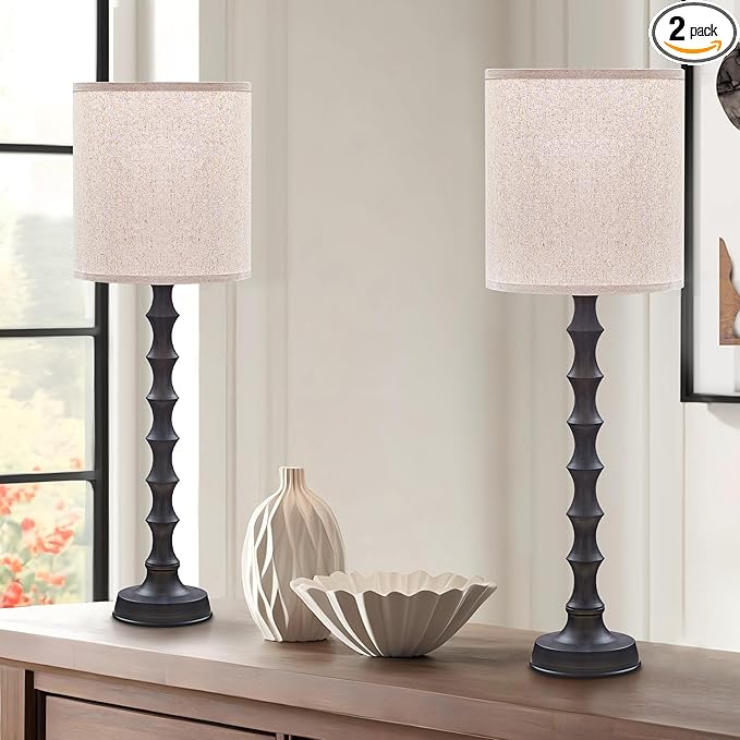 30.5" Rustic Buffet Table Lamps for Living Room Set of 2, Farmhouse Table Lamps for Buffet Set of 2, Oil Rubbed Bronze Candlestick Lamps with Linen Oatmeal Lampshade, Vintage Tall Skinny Lamps