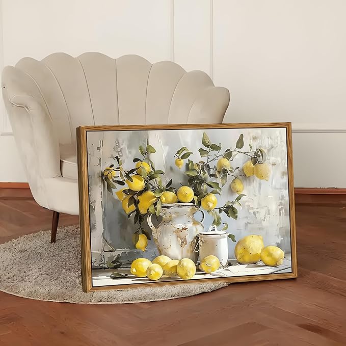 Framed Lemon Kitchen Wall Decor for Dining Room - Vintage Mustard French's Yellow Lemon Kitchen Wall Art, Rustic Oil Paintings Posters Prints for Bathroom Living Room Bedroom 16x24 inch