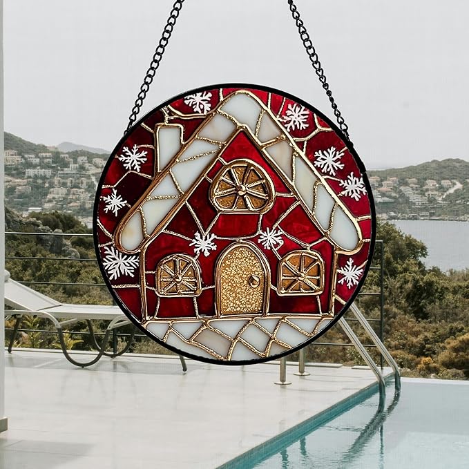 Stained Glass Window Hanging 4 Pcs Set Red Christmas Themed Decorations 9.8" - Suncatcher Door Garden Sun Catcher Decor Birthday New Year for Mom Woman Nana Men