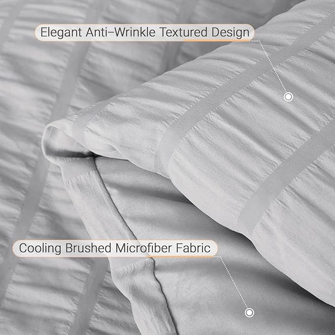 MUXHOMO 7 Pieces Full Comforter Set, Seersucker Bed in a Bag Full Size, All Season Luxury Bedding Set with Comforter, Flat Sheet, Fitted Sheet, Pillowcases & Shams, Light Grey