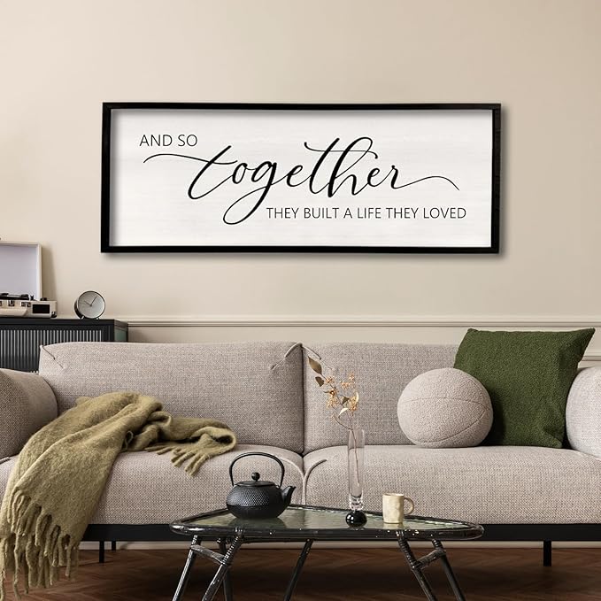 And So Together They Built A Life They Loved Sign 40”X15” Master Bedroom Above Bed Wall Decor Large Framed Wood Farmhouse Sign for Over Bed Bedside Wall Art for Love Sign Decor (Black)