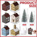 18pcs Wooden Christmas Village Set Colorful Houses and Multicolored Church with Electronic Candle Light and Xmas Tree for Christmas Party Supplies and Holiday Figurines Gift