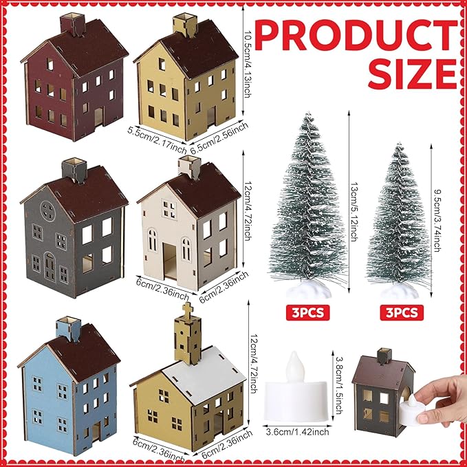 18pcs Wooden Christmas Village Set Colorful Houses and Multicolored Church with Electronic Candle Light and Xmas Tree for Christmas Party Supplies and Holiday Figurines Gift