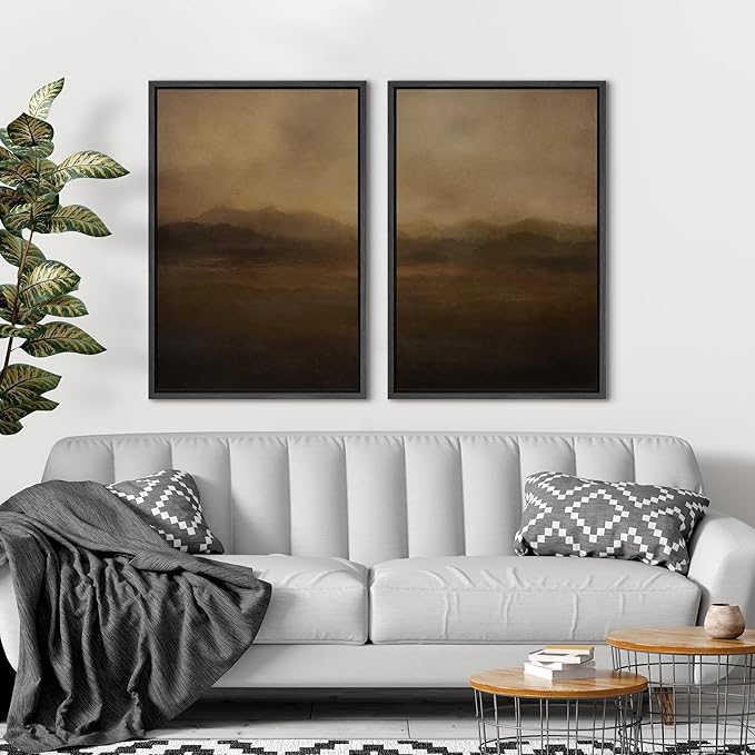 SIGNFORD Framed Canvas Print Wall Art Set Serene Misty Mountains Illustrations Modern Art Decorative for Living Room, Bedroom, Office - 16"x24"x2 Black