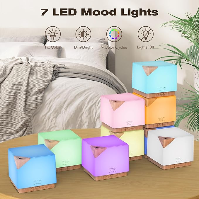 ASAKUKI 700 ml Premium Essential Oil Diffuser, 5 in 1 Ultrasonic Aromatherapy Fragrant Oil Vaporizer Humidifier, Timer and Auto-Off Safety Switch, 7 LED Light Colors