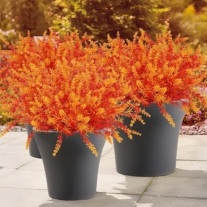 Geegoods 16 Bundles Artificial Fall Flowers Outdoor – Faux Lavender Flowers with Monkey Grass UV Resistant Plastic Faux Plants for Halloween Front Door Porch Patio Yard Balcony Decor, Orange Color