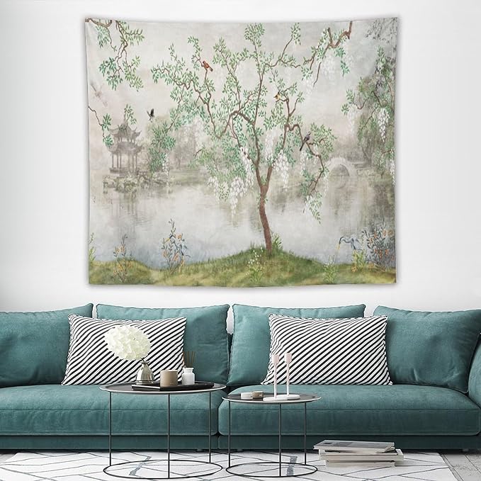 HZOHNAGO Japanese Tapestry Tree Misty Garden Lake Printed Wall Tapestry Ink Painting Wall Hanging for Bedroom Living Room Dorm 60" W x 50" H