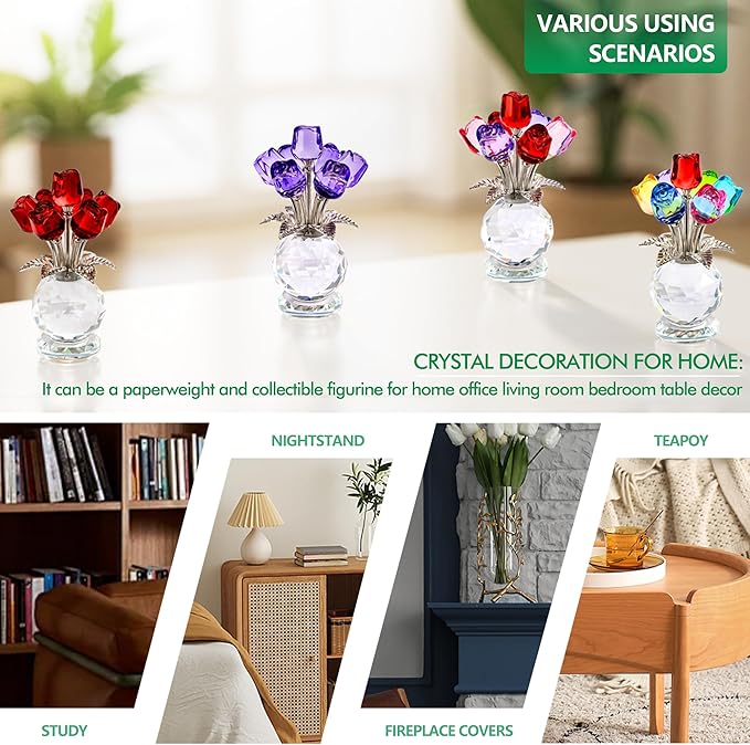 Crystal Colorful Rose Flower Collectible Figurine Glass Flowers with Vase Romantic Gifts for Wife Mom Women on Anniversary