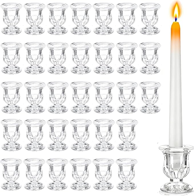 48 Pcs Clear Glass Taper Candle Holders Bulk, 2.5 Inch Small Candlestick Stands, Elegant Table Centerpieces for Wedding, Christmas, Valentine’s Day, Party, Home and Dining Room Decorations (Clear)