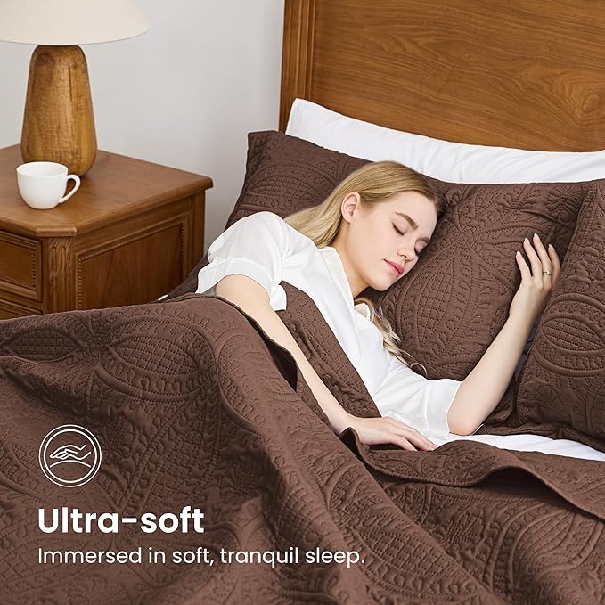 Love's cabin Quilts for Full Bed Brown Bedspreads Bedding Set - Lightweight Bedspread Comforter - Coin Pattern Bedding Coverlet for All Season - 3 Pieces (1 Quilt, 2 Pillow Shams)