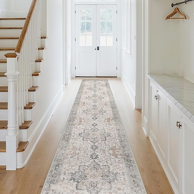 GENIMO Runner Rug 2x10 Machine Washable Non Slip Vintage Hallway Runner Rug, Low Pile Lightweight Rugs for Indoor Entryway, Hallway, Kitchen and Corridor, Light Taupe Brown